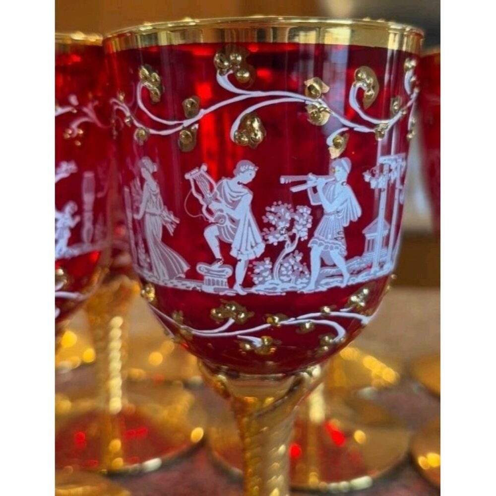 Murano Venetian Neoclassical Wine Glasses Set of 12 Ruby  24k Heavy Gold Gilded - Picture 9 of 10
